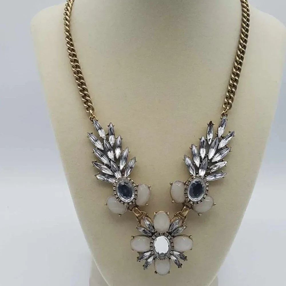 J Crew Clear Crystal and white beaded Statement Necklace